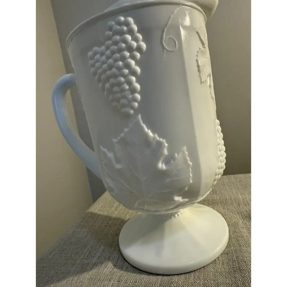 🍇 Vintage Indiana Colony Harvest Milk Glass Pitcher | White Grape & Vine | 10”